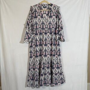 La Plage Maxi Dress Size L Blue And Pink Ikat Print 100% Cotton EUC
